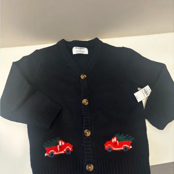 Navy Blue Kids Cardigan with Holiday Trucks Design NWT - Picture 2 of 5